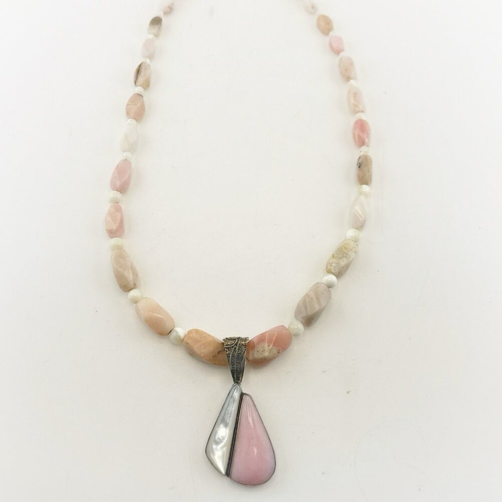 Jay King Necklace Pink Opal Mother of Pearl Pendant Sterling Silver Beaded 925